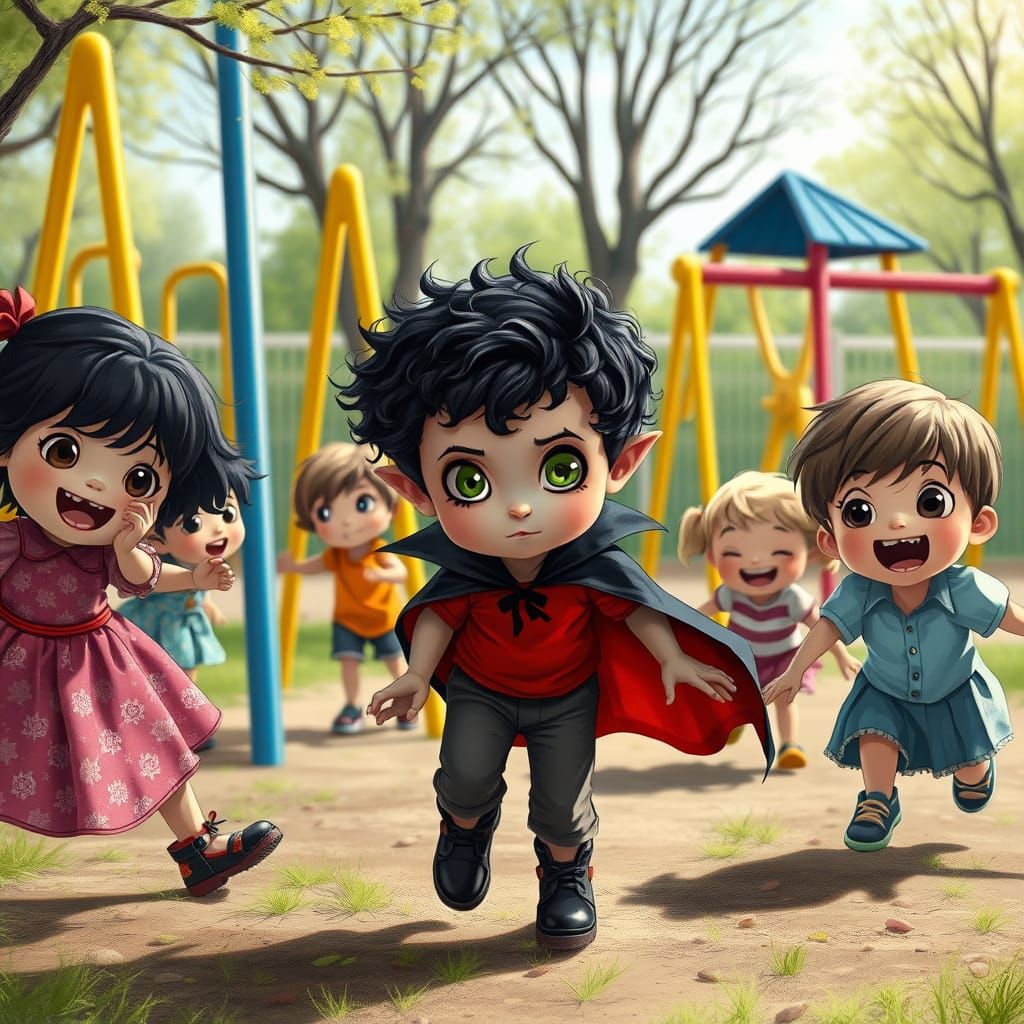 Whimsical Vampire Child Plays Tag with Human Friends at Sunn...