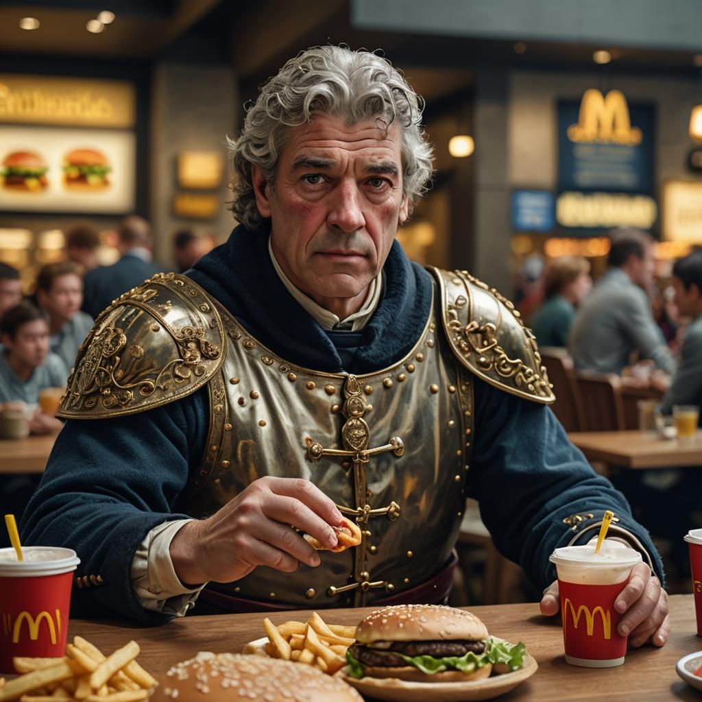 Sir Simon Fraser of the 14th century in a modern McDonald’s,...