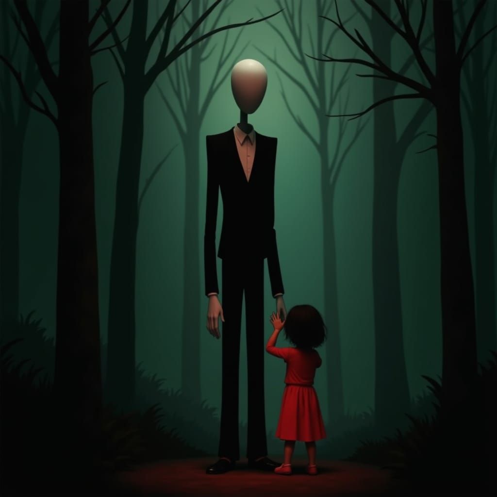 Slenderman in Dark Forest with Little Girl