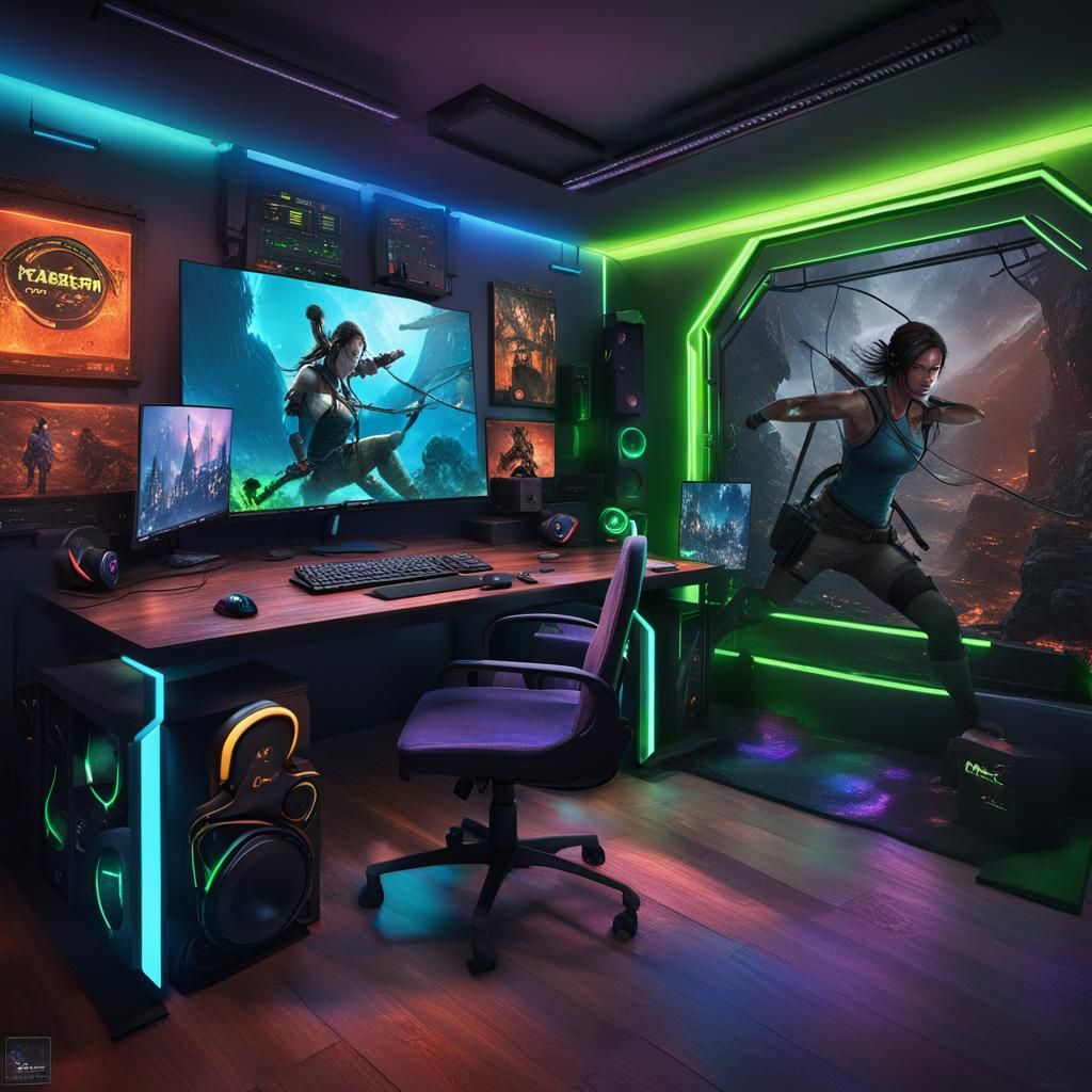 Lara Croft tests the headphones from "Razer Kraken V3 Pro", in a "big gaming studio"