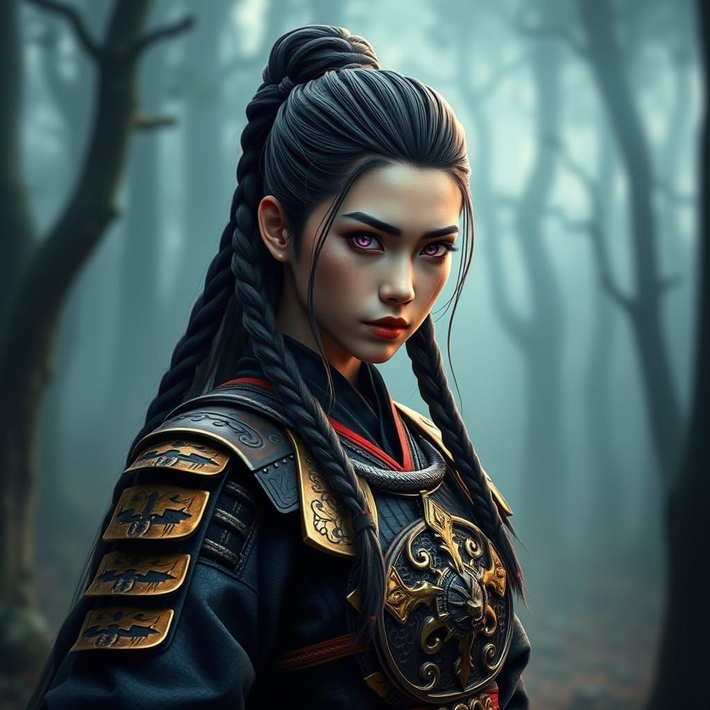 Ethereal Samurai Warrior Embraces Forest with Triadic Colors