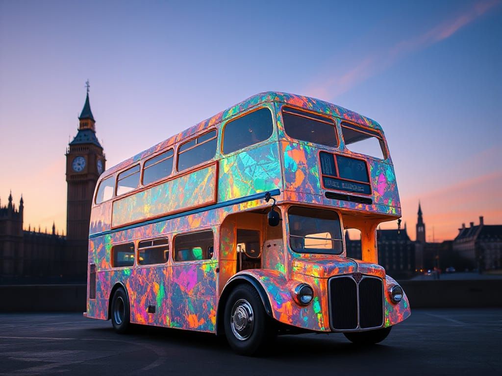 Iridescent Double-Decker Bus Amidst London Landmarks