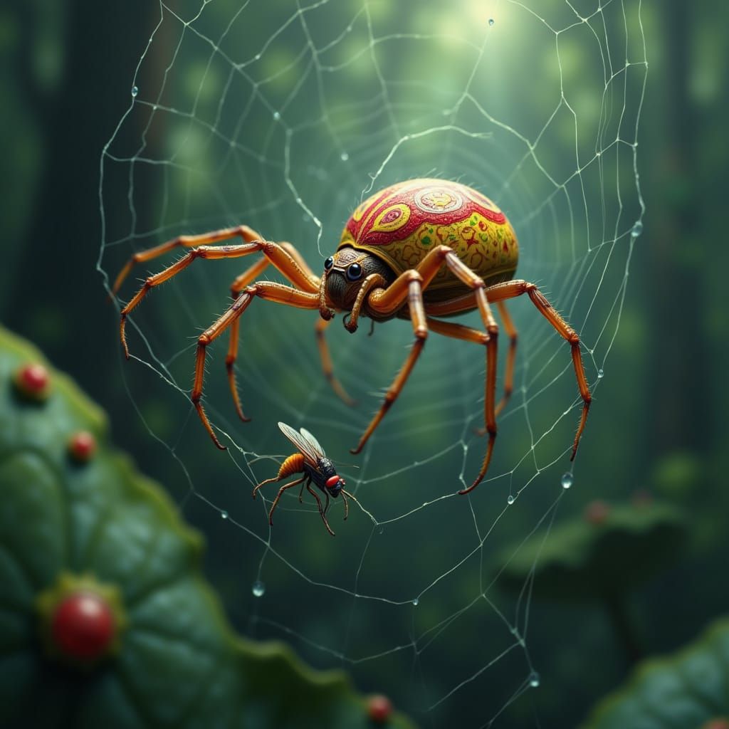 Spider Catches Fly in Dewy Web, Realistic Digital Painting