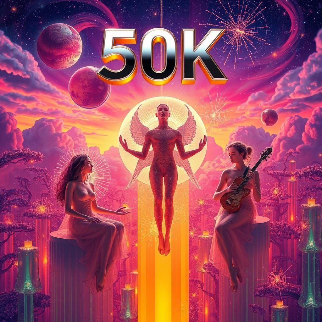 Ethereal Figures in Art Deco Dreamscape, Digital Art