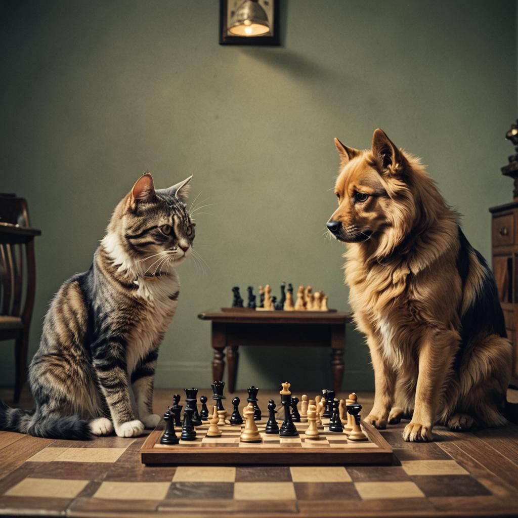 Cat and Dog Play Chess in Cinematic Style