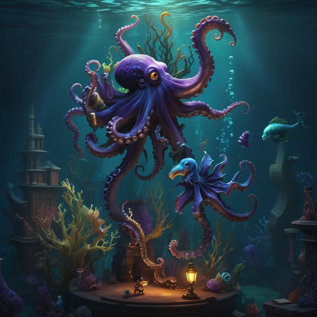 Octopus Seahorse Concert in Dark Academia Library