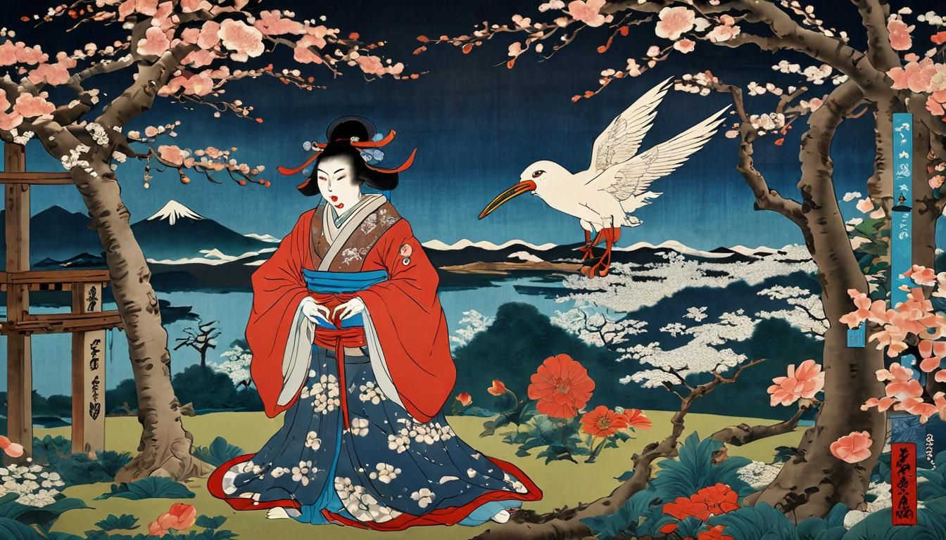 Tengu Yokai in Sakura Garden: Ukiyo-e Style