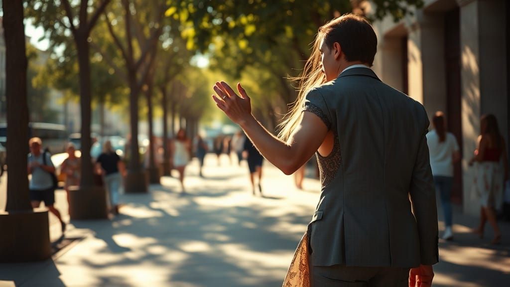 Woman Reaches Out in Desperate Embrace on a Sun-Drenched Sid...