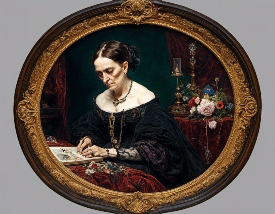 victorian lady, pressing flowers in a book