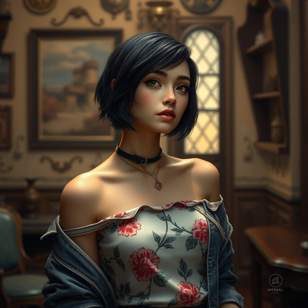 A stylish young woman with short dark hair poses elegantly in a vintage room, dressed in a floral-patterned off-shoulder...