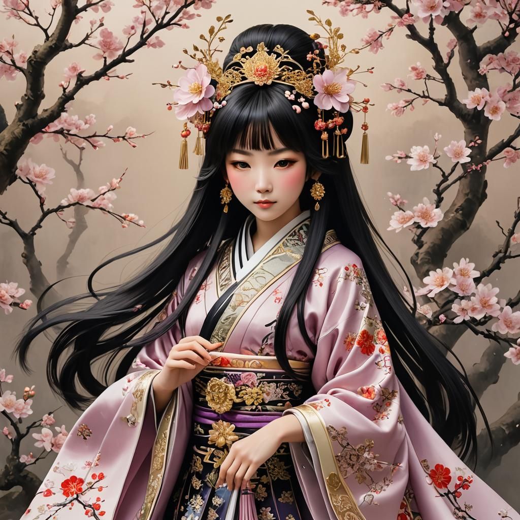 Japanese Goddess Portrait with Plum Blossom Tiara