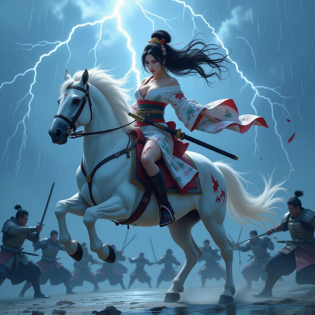 Geisha Warrior on Rearing Horse in Stormy Battle