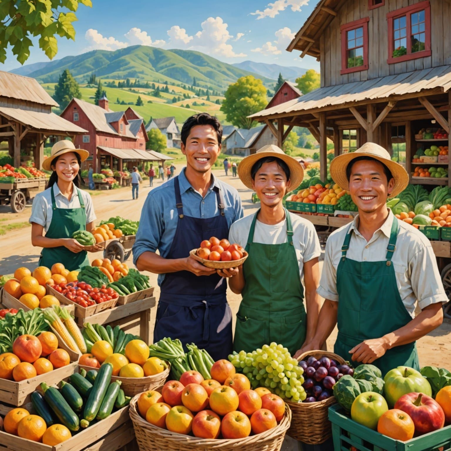 Vibrant Farm Stand Scene with Cheerful Customers