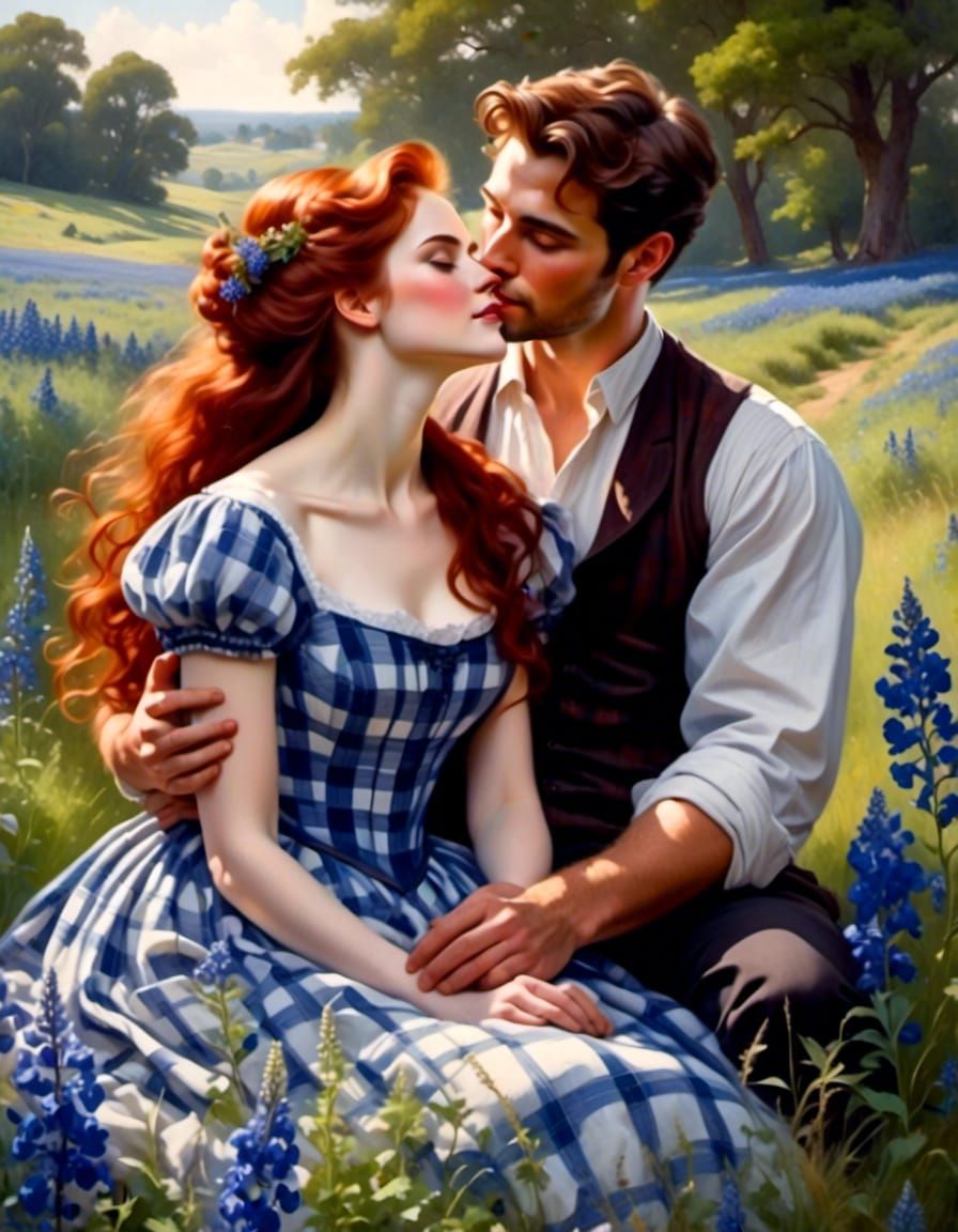 Victorian Woman in Bluebonnet Field Kissing a Man