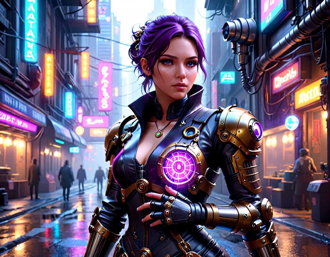 Cyberpunk Steampunk Female Scientist in Neon Alleyway