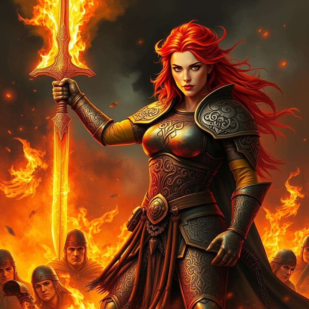 Female Warrior in Epic Battle Scene