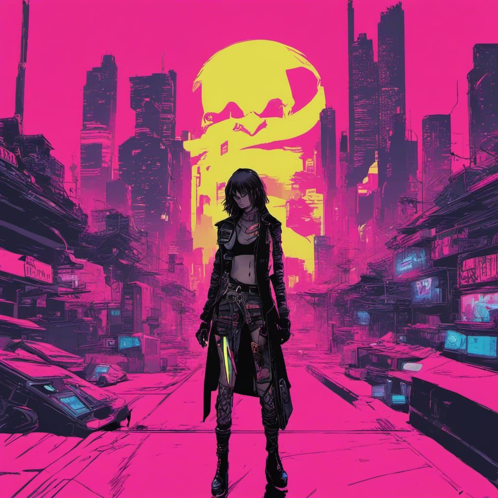 Gothic Woman in Cyberpunk 2099 Neon City