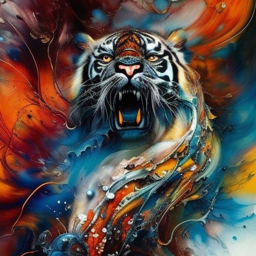 Ghost Tiger in Liquid Ink Splatter Style