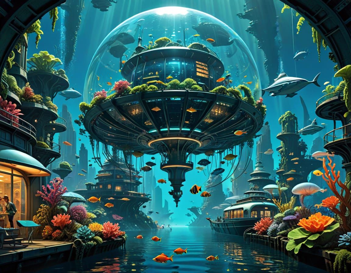 Utopian Underwater City in Retro Sci-Fi Style