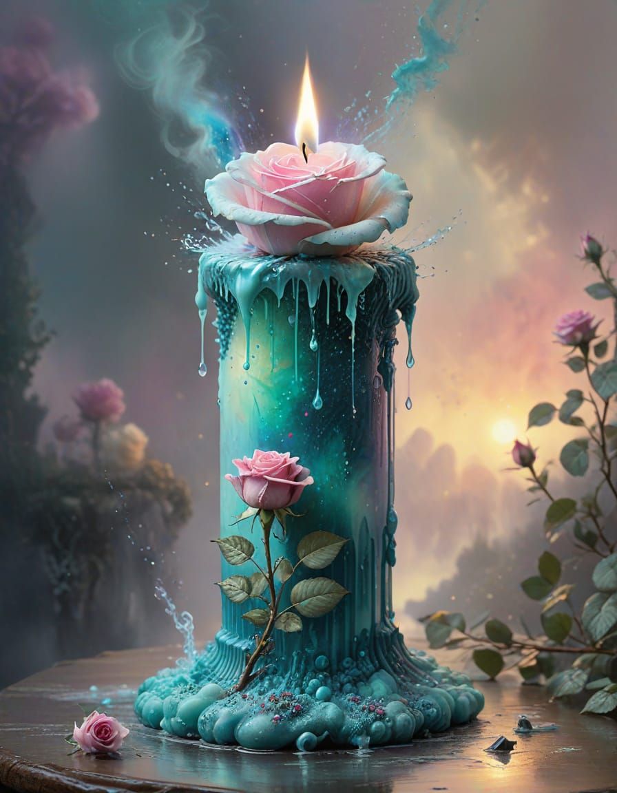 Ethereal Pink and Teal Rose Candle with Soft Muted Colors