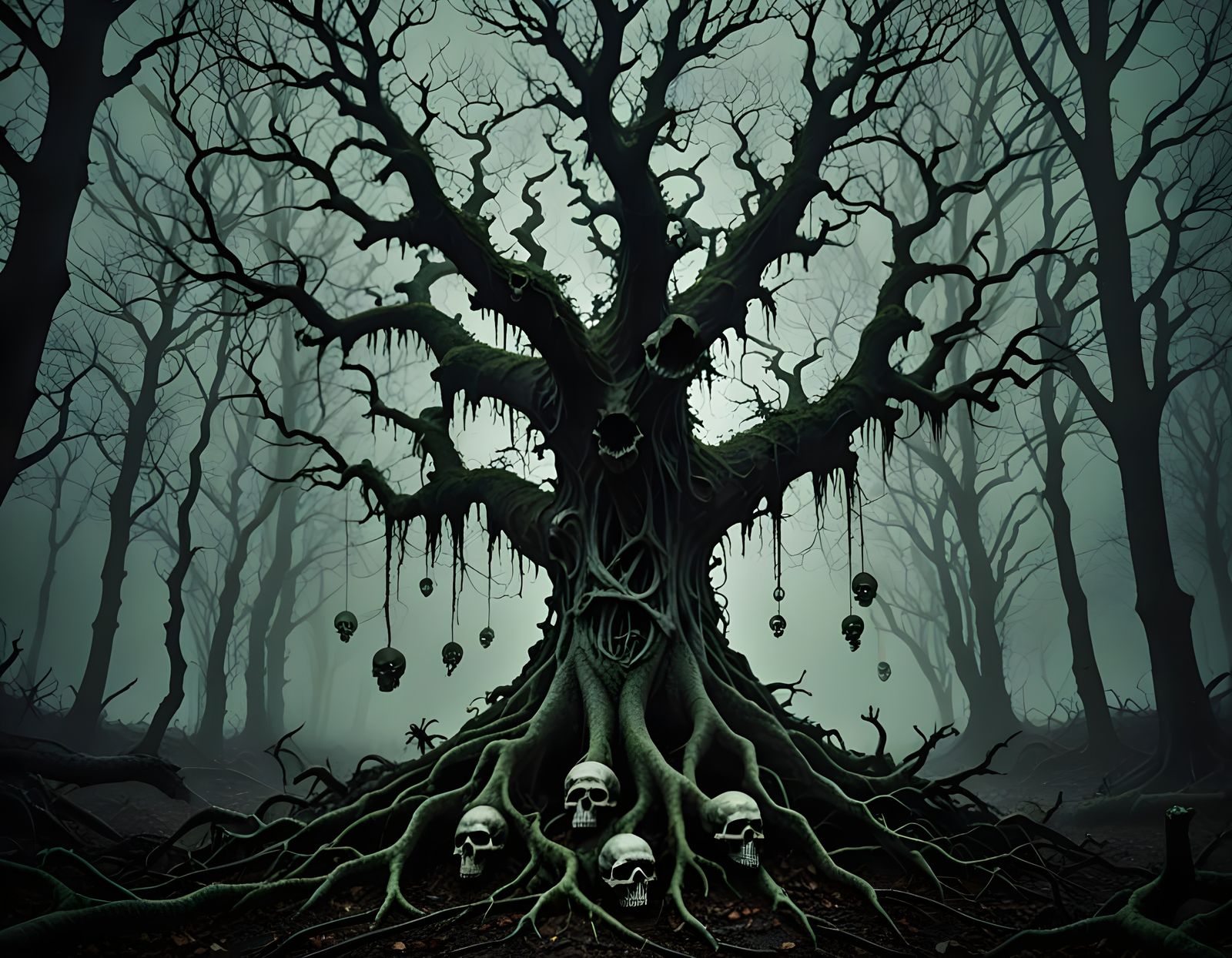 Macabre Tree Adorned with Skulls