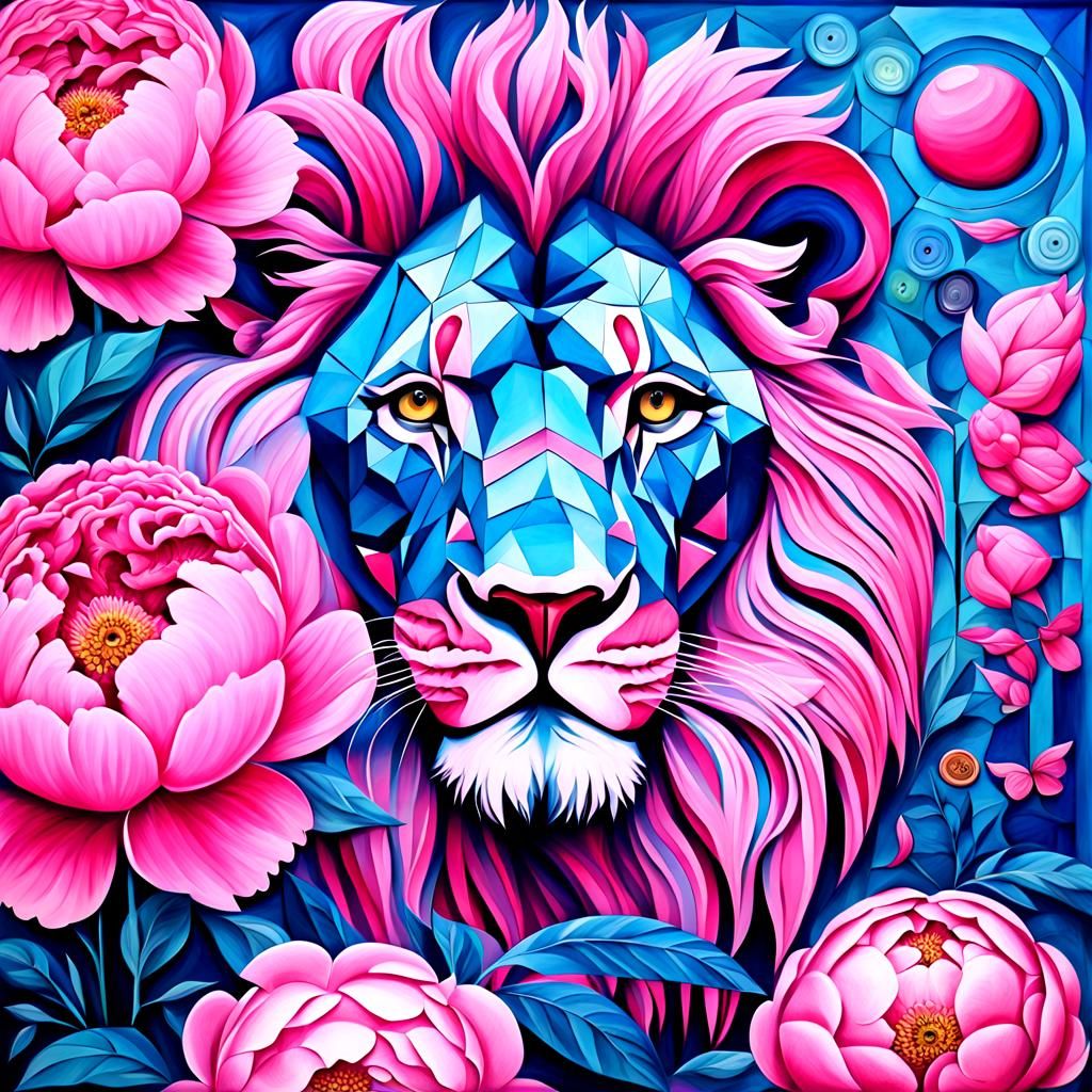 Surreal Bio Art Experiment with Lions and Peonies