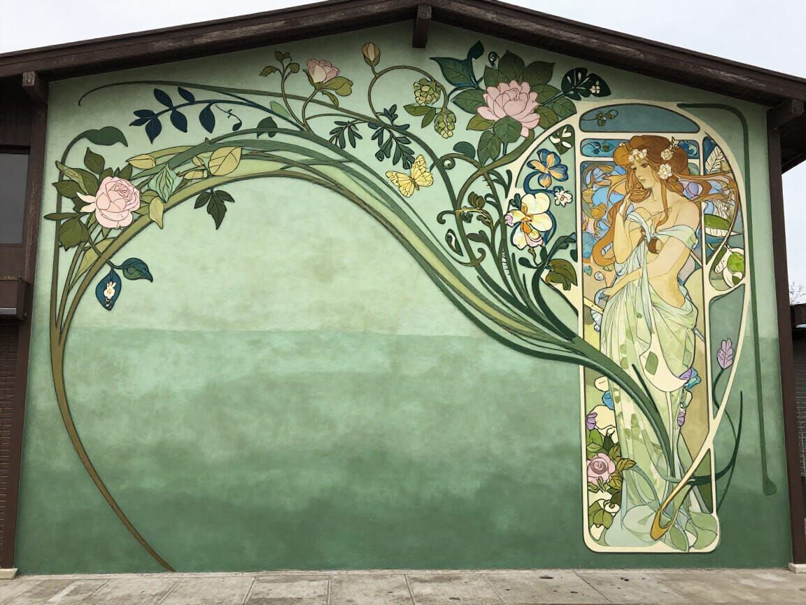 Urban Art Nouveau Mural with Verdant Botanical Curves