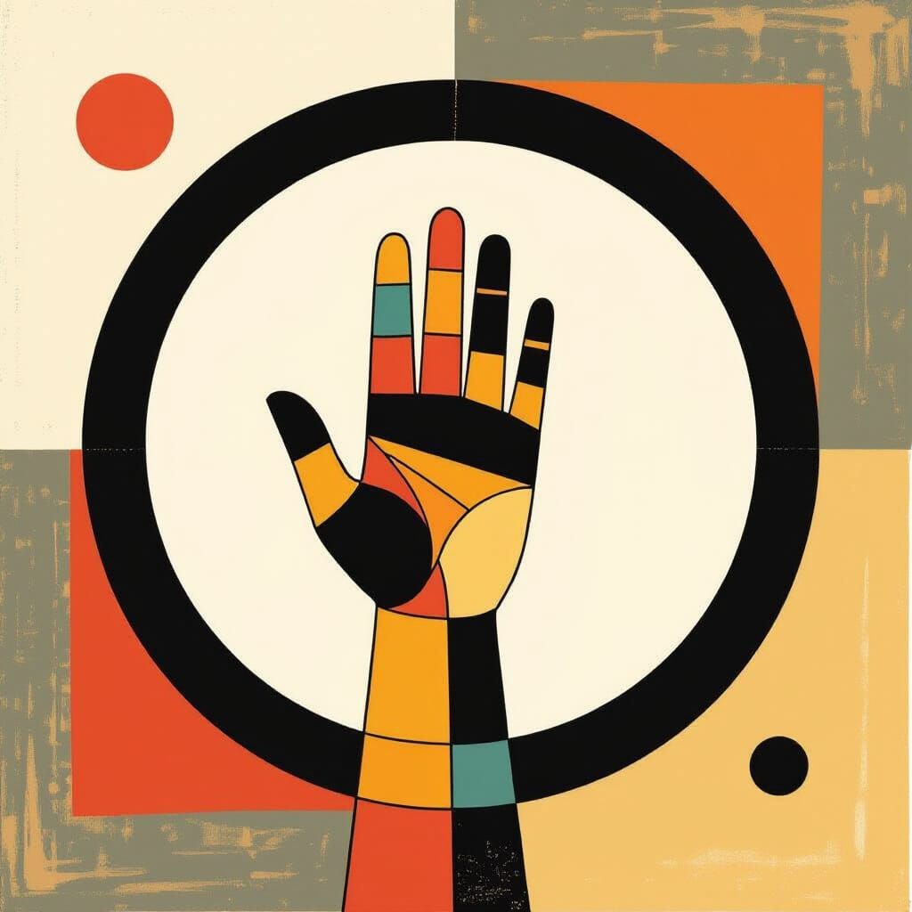 Surreal Hand Within Circle, in Style of Paul Klee