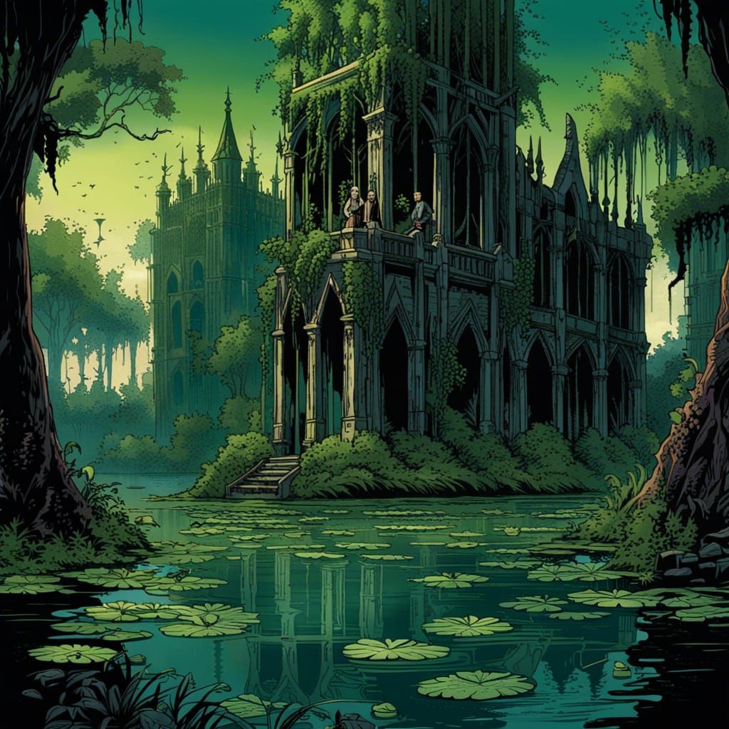 Gothic Ruins in Overgrown Wetlands: Comic Book Art