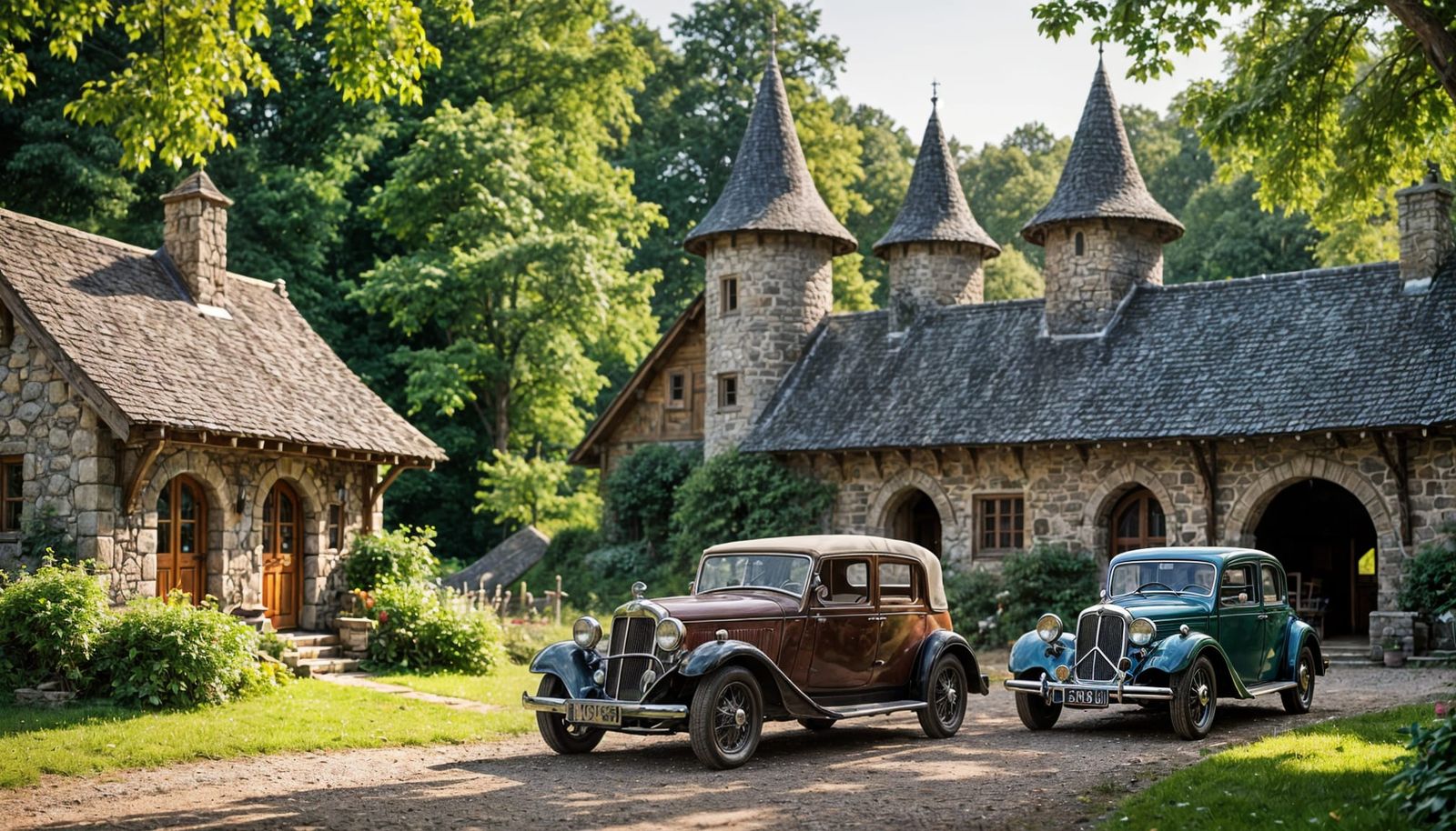 Antique Cars in Front of Enchanted Castle Cottage