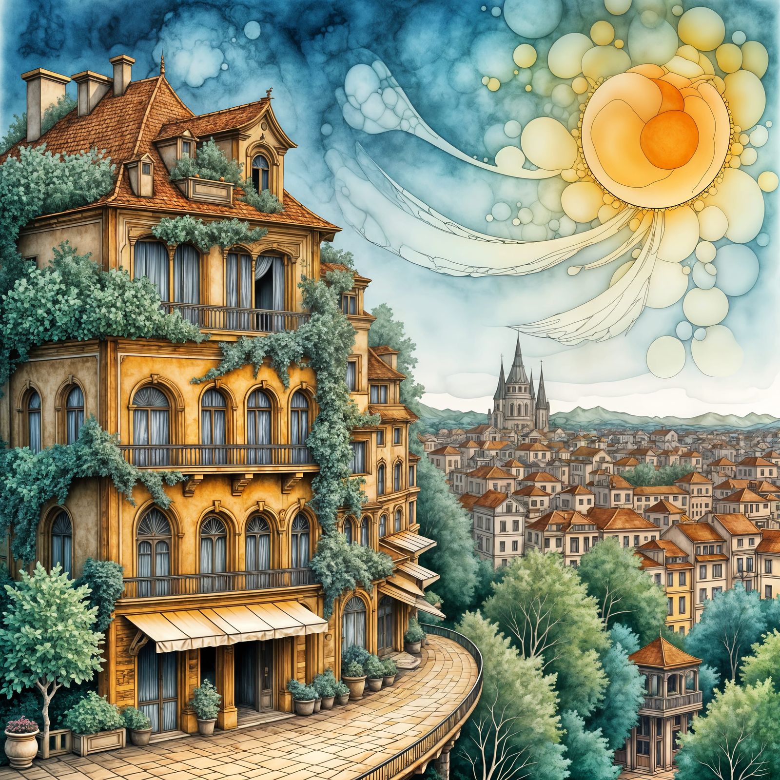 Art Nouveau Cityscape with Abstract Sky