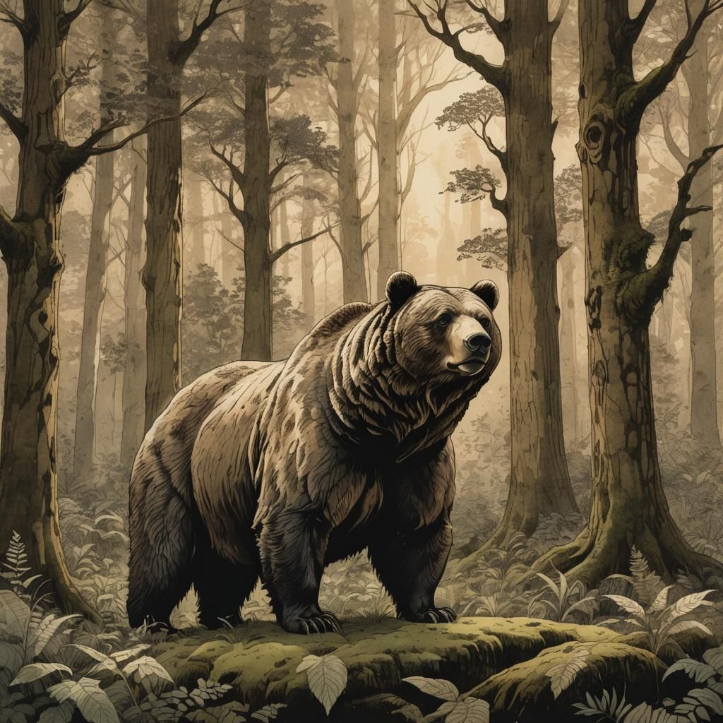 Majestic Bear in Forest Glade, Sepia Pen and Ink