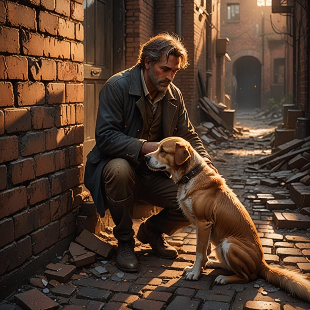 Man Gently Petting Stray Dog at Dusk