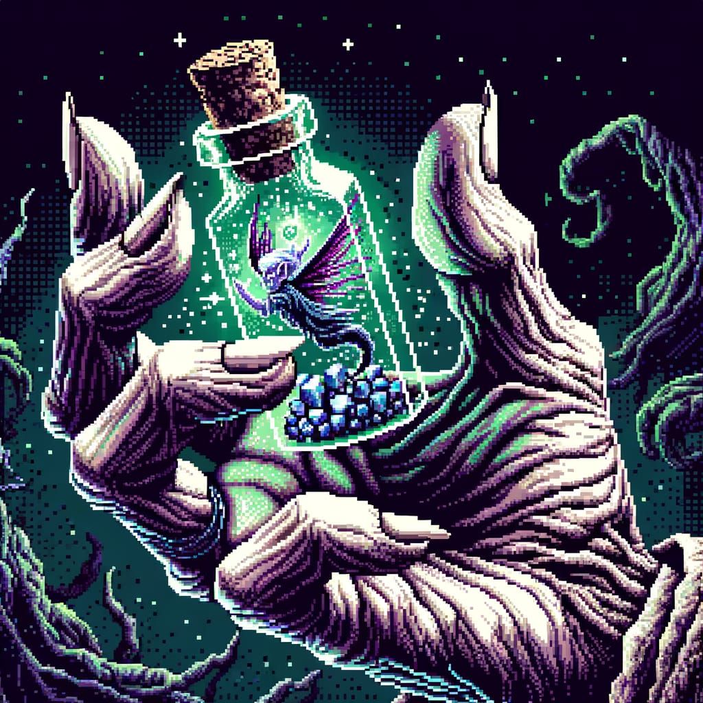 Witch's Hand Gripping Pixie Bottle in Pixel Art
