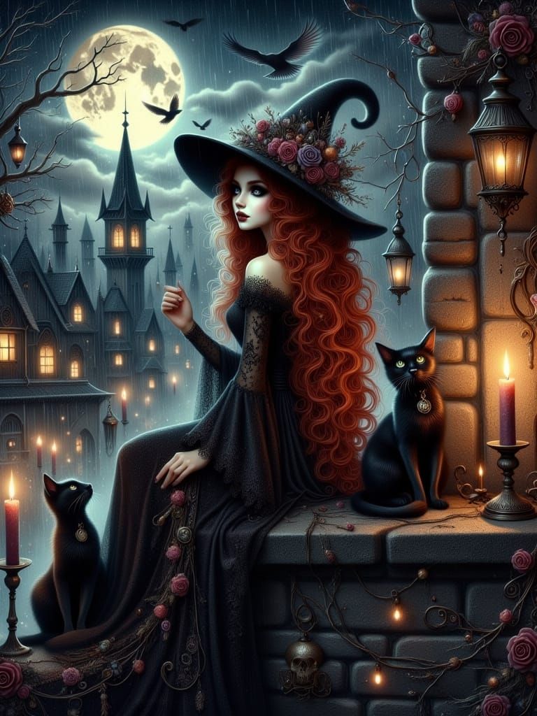 Gothic Witch in Mystical Cityscape