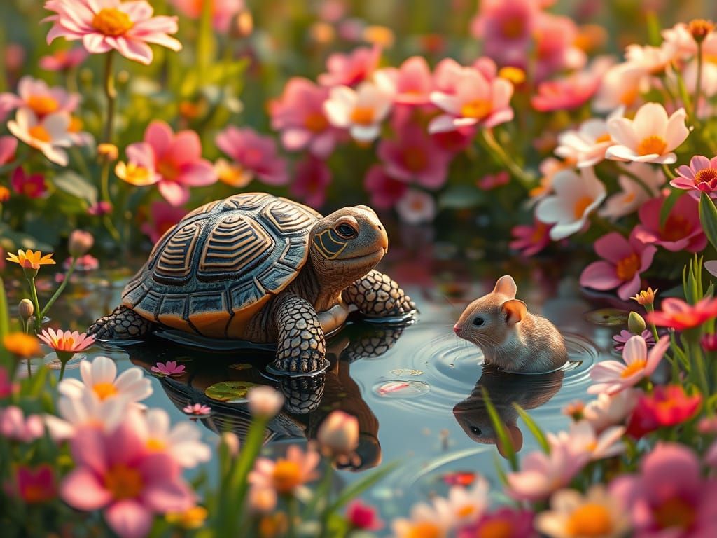 Tortoise and Mouse in Floral Pond, Matte Painting