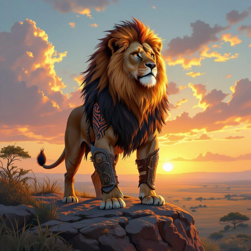 Majestic Lion with Tribal Tattoos in Hyperrealism