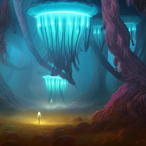 Glowing Jellyfish in a Golden Forest
