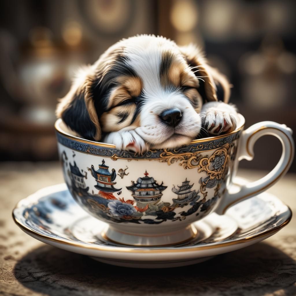 Puppy Dreams in China Teacup: Hyperrealistic Image