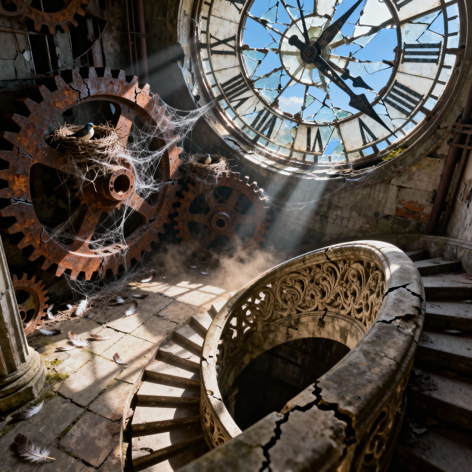 Cinematic View Inside Ruined Clock Tower with Rusted Gears