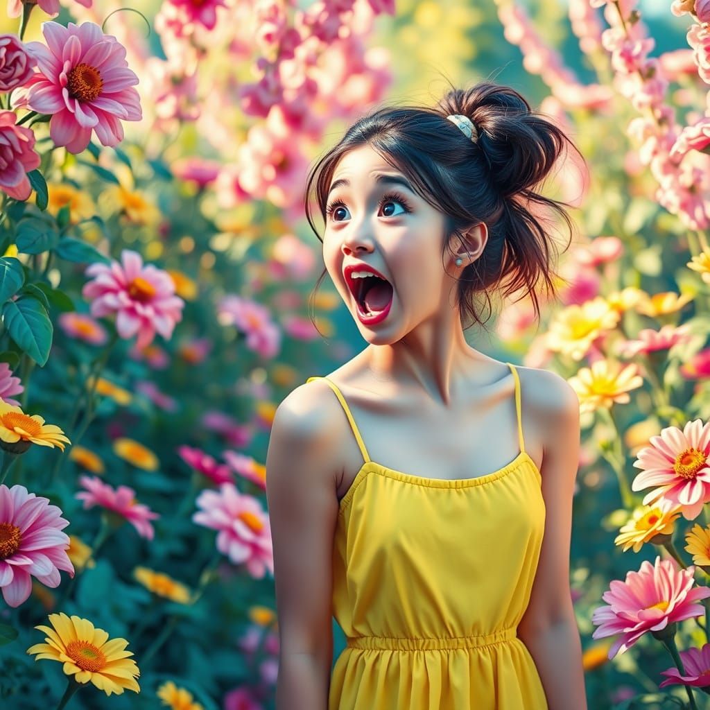 Delighted Woman in Floral Garden, Pop Art Style