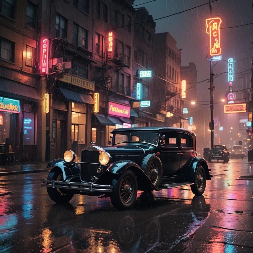 1920s Car in Neon Drenched Nighttime