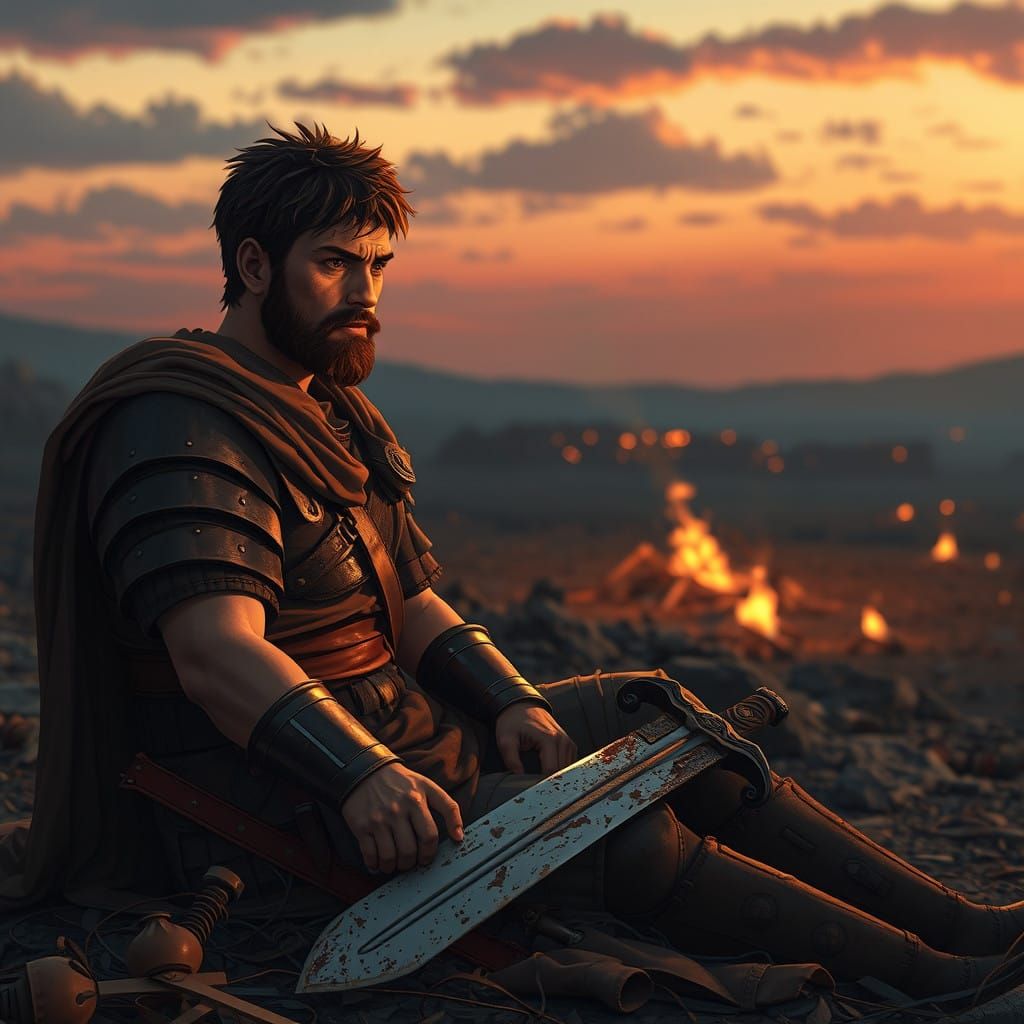 Solemn Ghibli-Inspired Portrait of Marcus Brutus on a Battle...