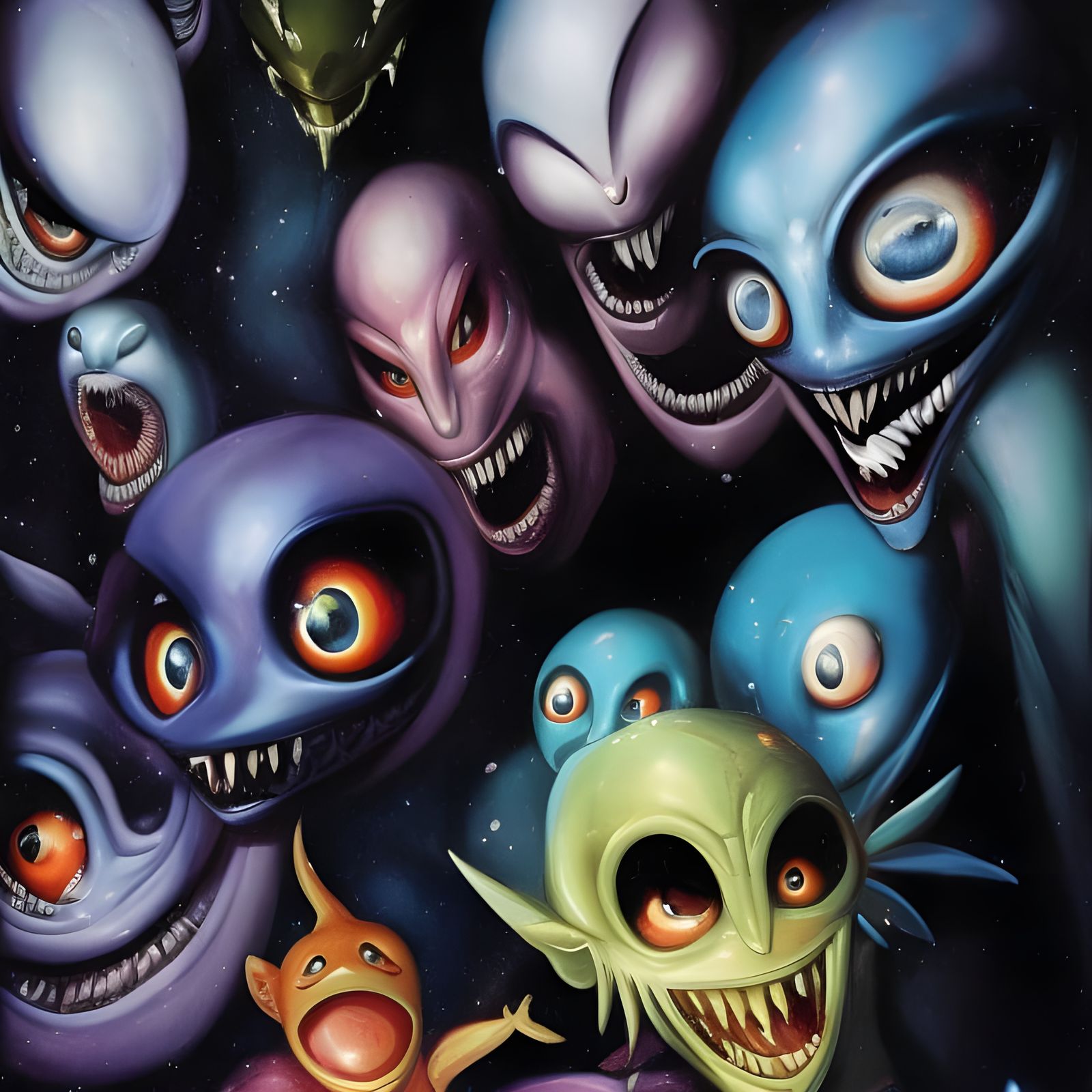 Cartoon Alien Party: Surreal Oil Painting