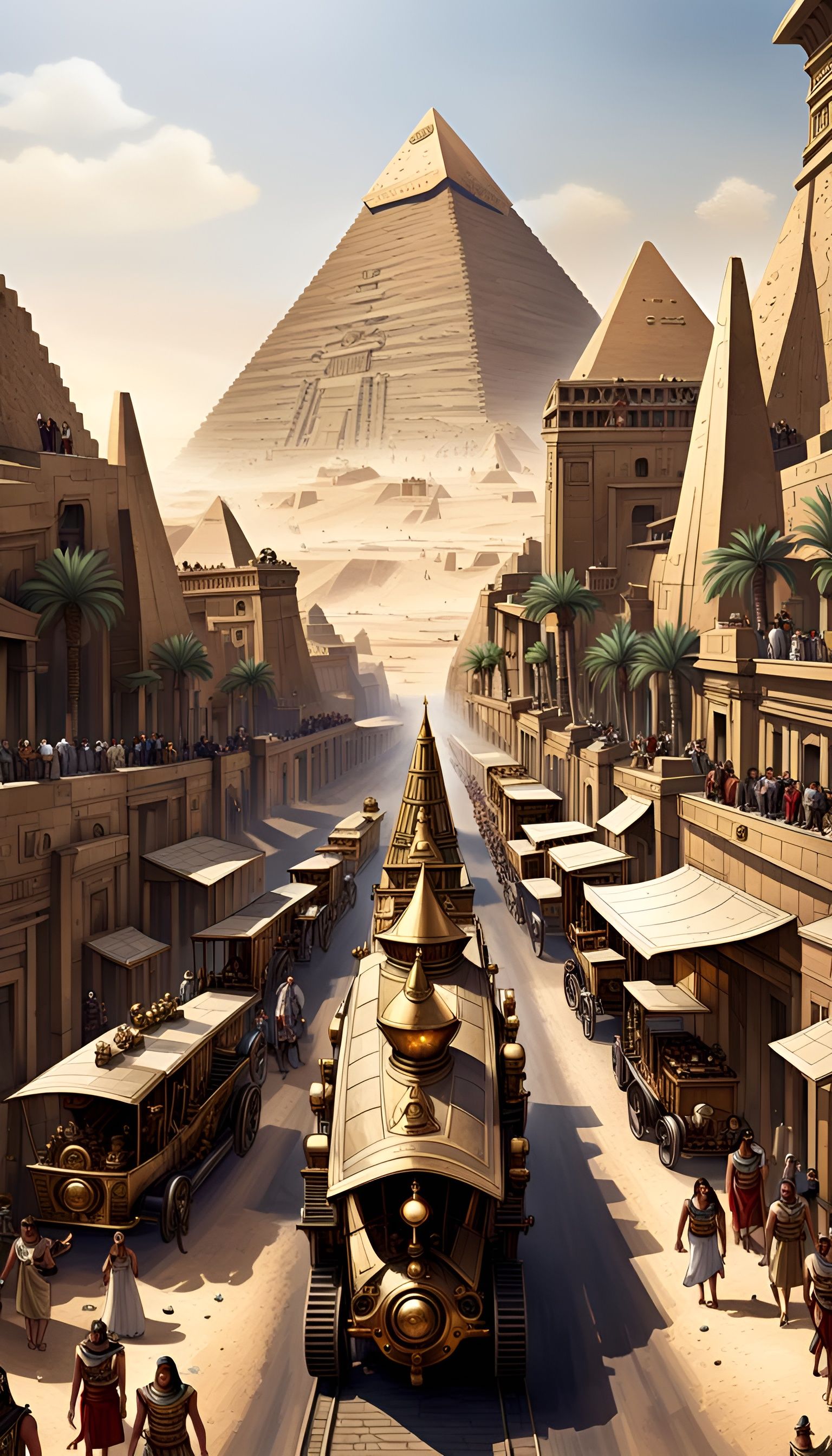 Steampunk Egyptian City with Pyramids and Emperor