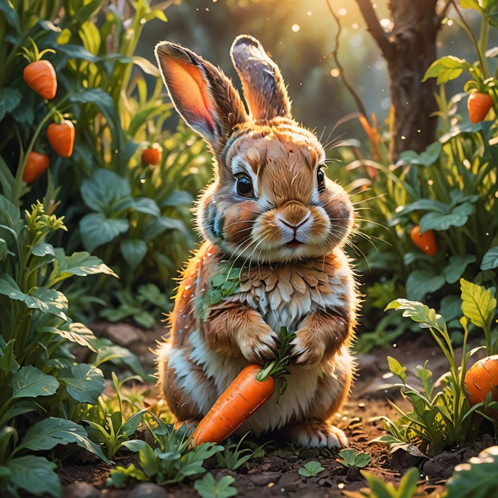 Cute Bunny in Garden: Vibrant Oil Painting