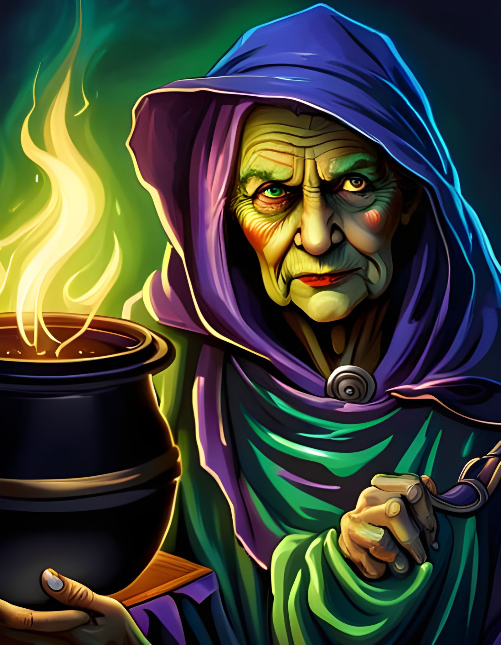 Evil Witch Stirring Cauldron: Fantasy Portrait by Alan Lee