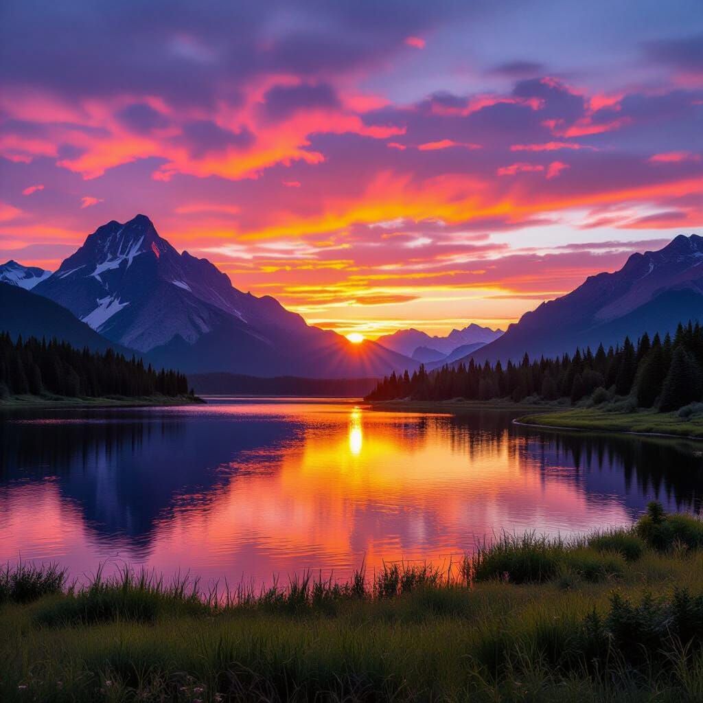 Vibrant Sunset Over Mountains and Lake