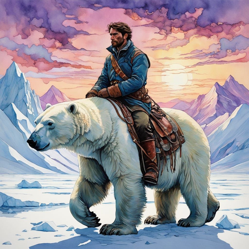 Create a stunning, cinematic scene of a young man riding a magnificent polar bear across a vast Arctic wasteland. "The m...