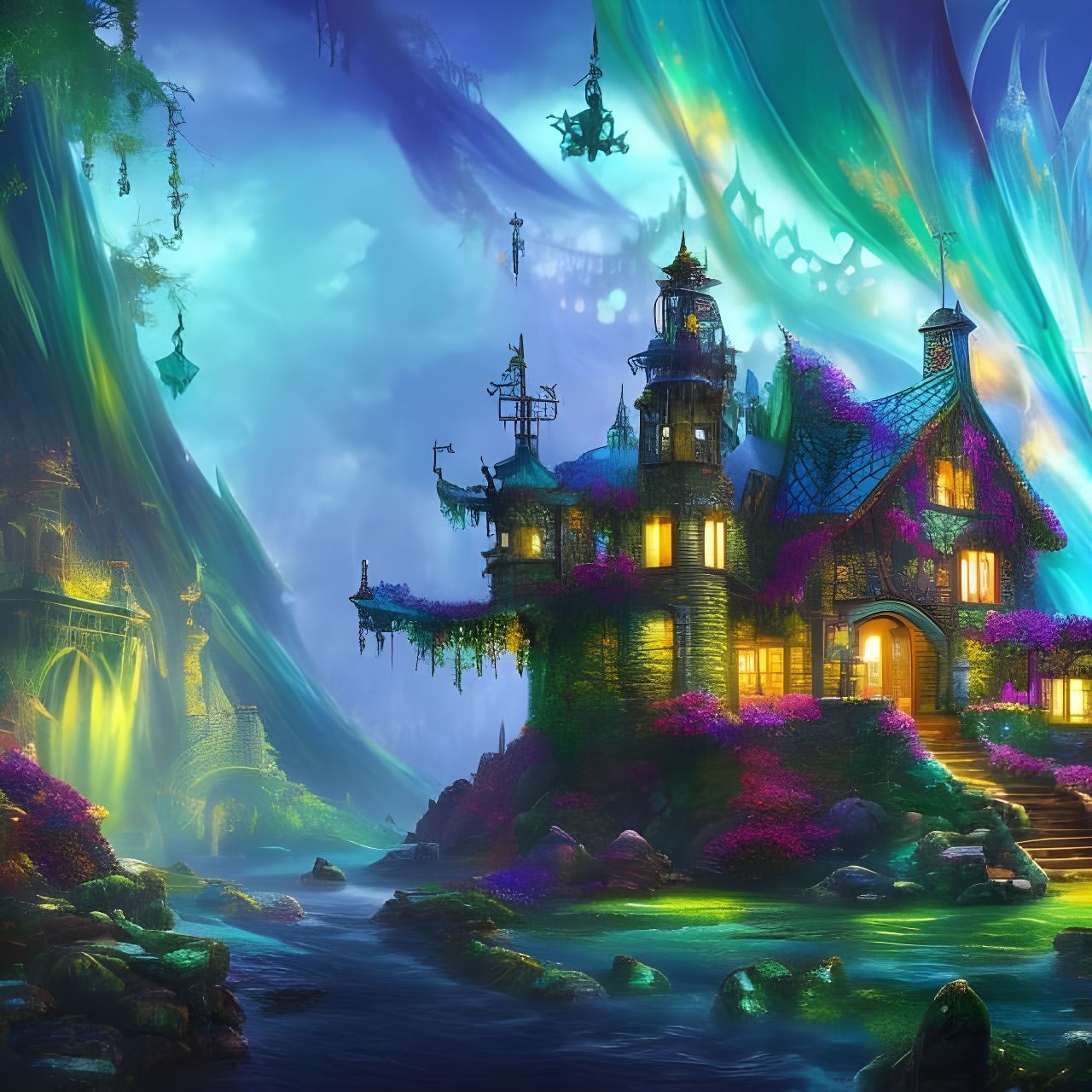 Fairie castle, blue green aqua